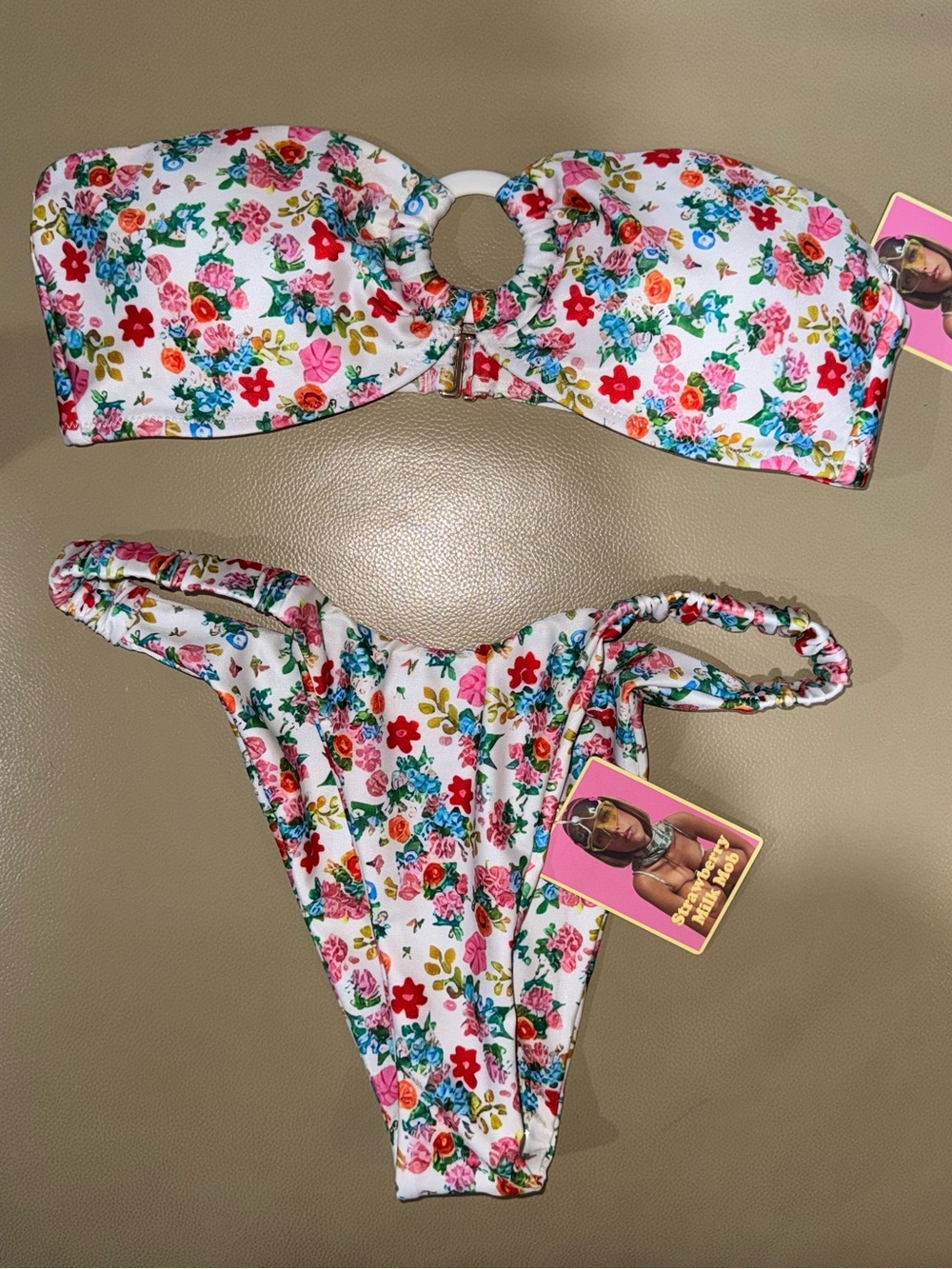 Strawberry Milk Mob White Floral Ring-Front Bikini Set